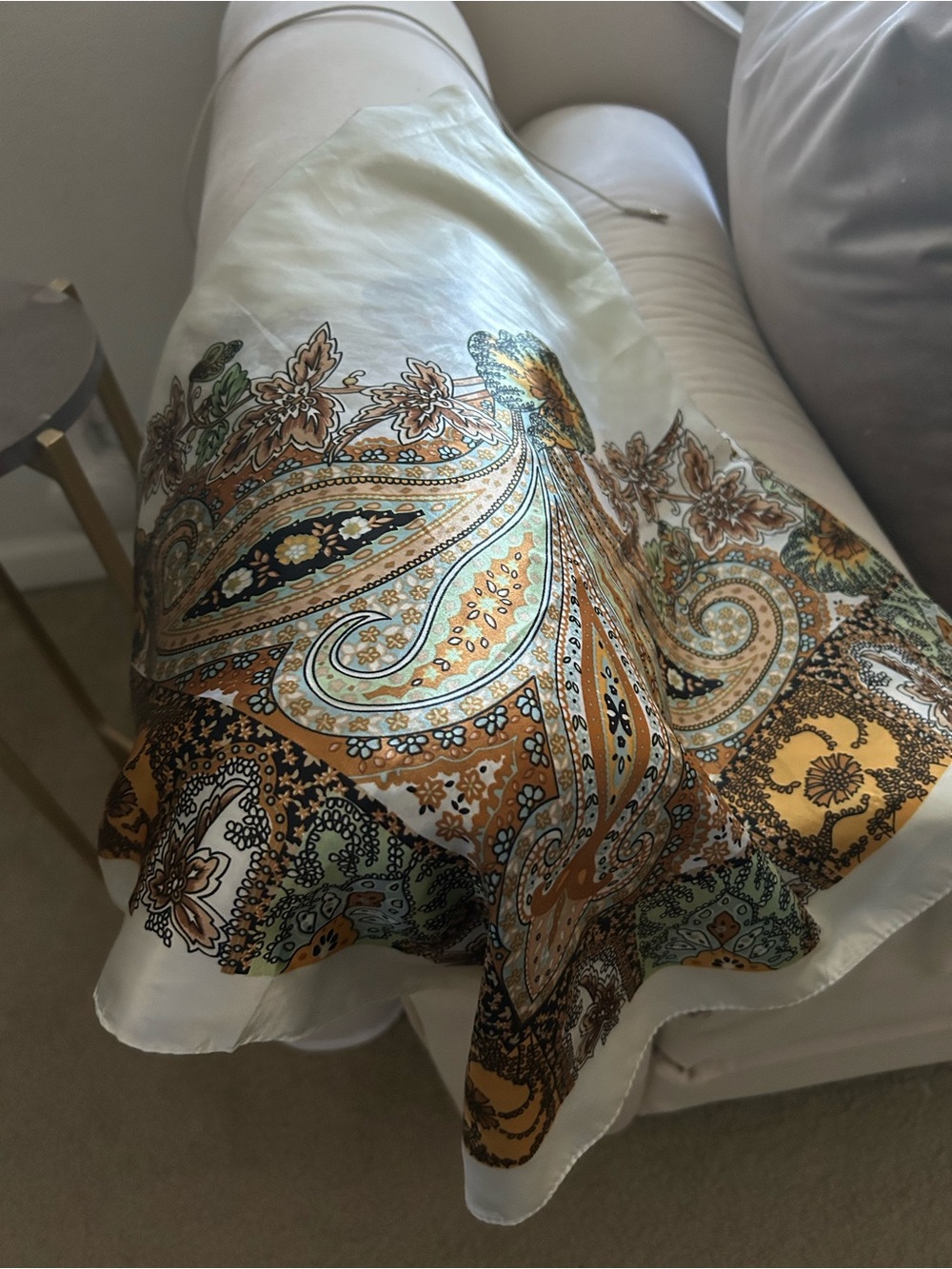 M.O.S.I. Vintage Style Paisley Satin Square Scarf - Cream & Gold Floral